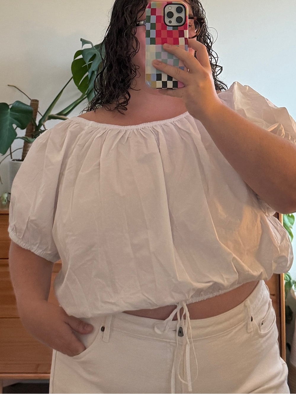 J. Crew White Bubble Hem Off the Shoulder Top